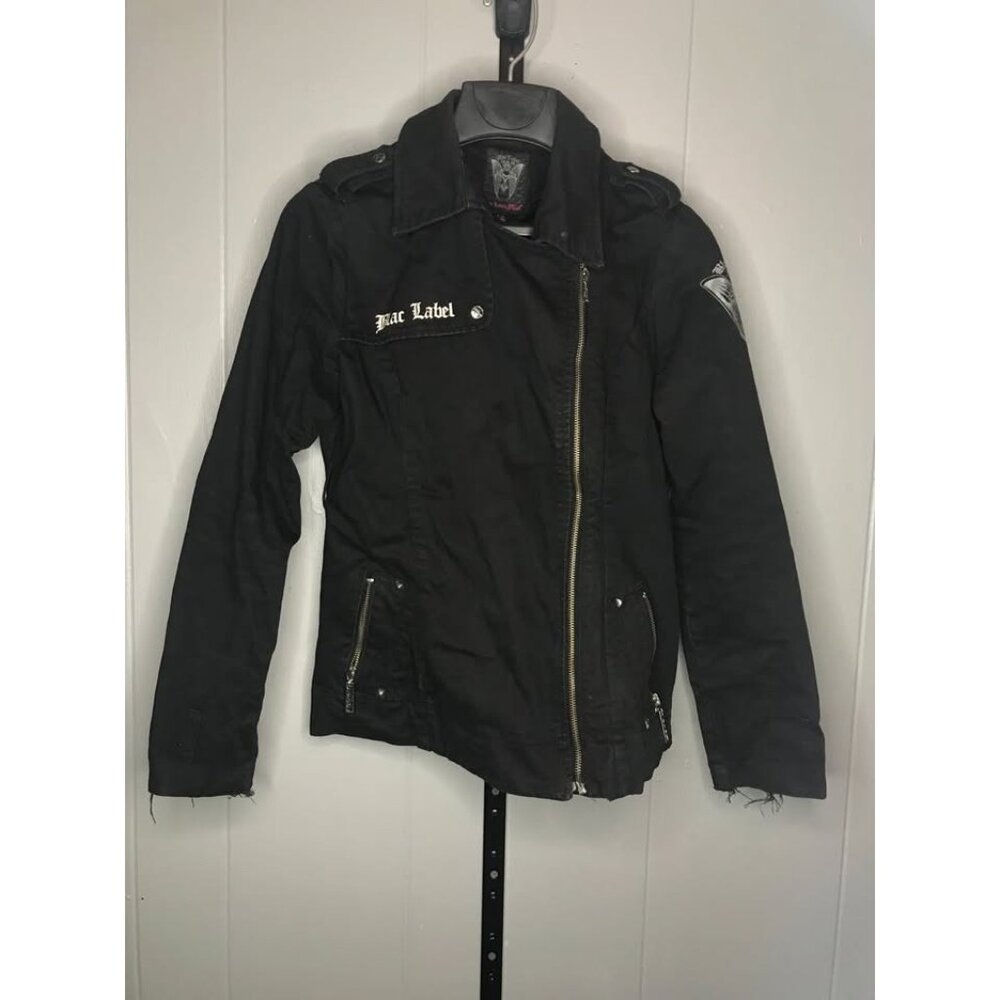 Y2K Black Label Goth Grunge Skull Wings Womens side zip Jacket sz XS